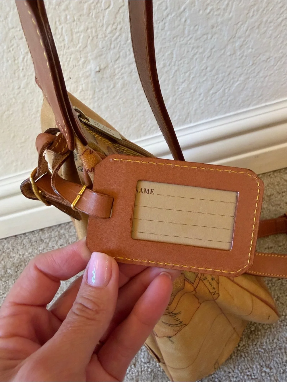 Vintage Alviero Martini 1A Classe Tan Map-Print Leather Sling Shoulder Bag